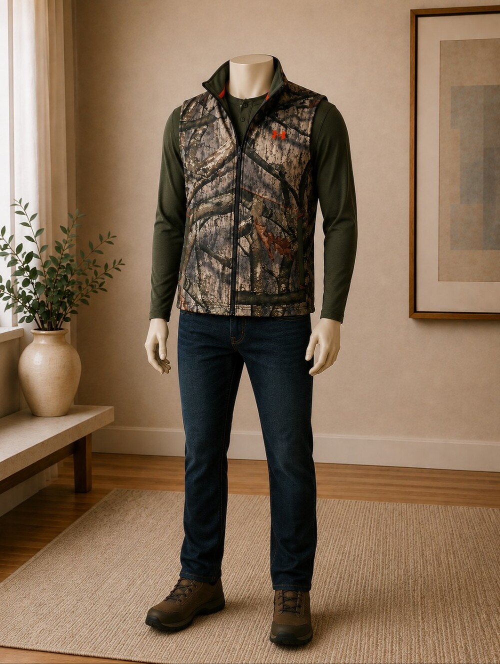 Under Armour Men's Camo Softshell Vest - Olive with Orange Trim